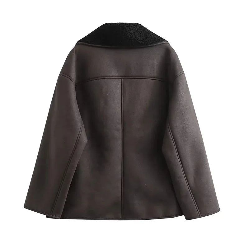 Dark Brown Shearling Button Jacket