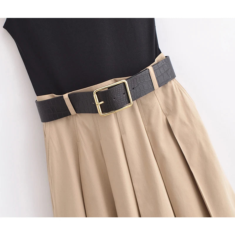Belt Pleated Midi Dress