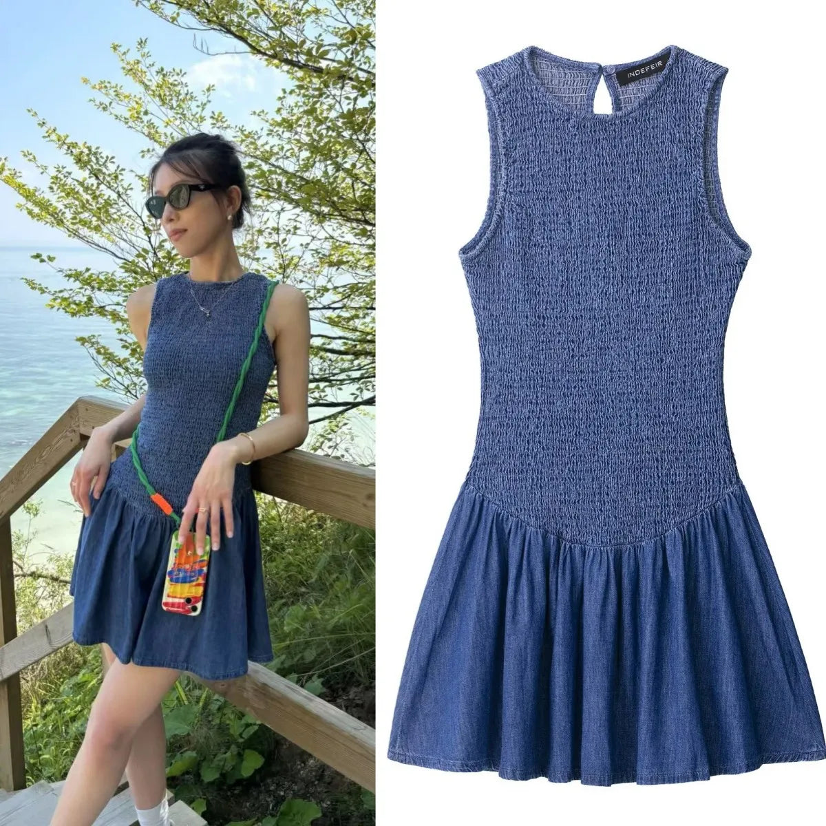 ETJ 2025 TRAF Women's Summer new fashion honeycomb temperament slim sleeveless round neck short dress