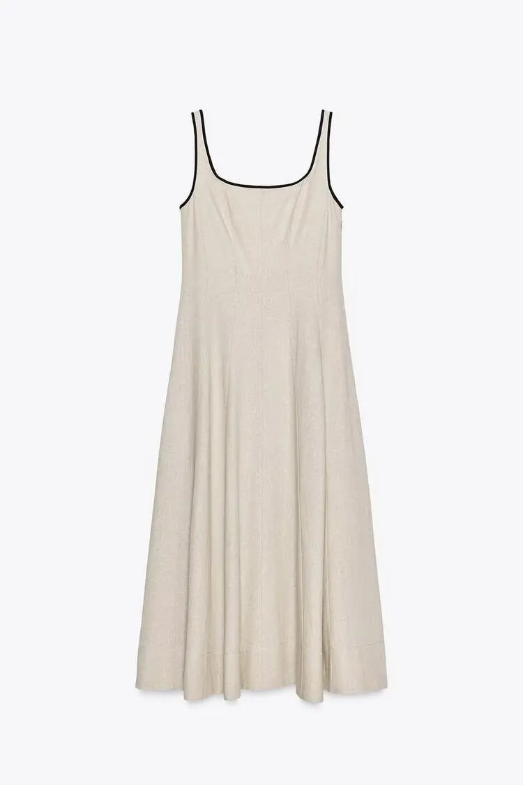ETJ 2025 TRAF summer new contrast-color trim A-line version of elegant matching MIDI tank top dress