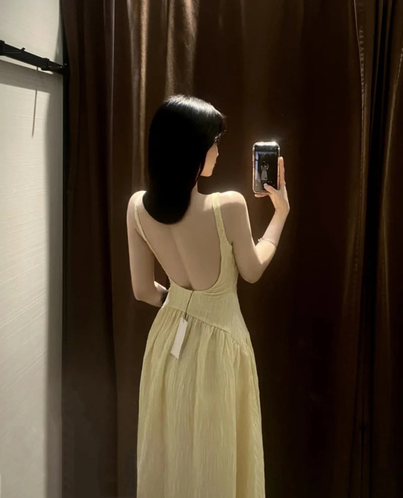 ETJ 2025 TRAF Summer New women's fashion pleated texture fabric sexy U-shaped backless sleeveless MIDI dress