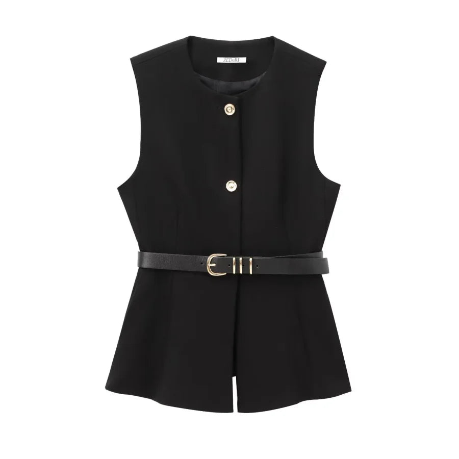 Long Belted Waistcoat Traf 2024 Fall/Winter New Arrival Fashionable Round Neck Sleeveless Vest Top for Women 9300525