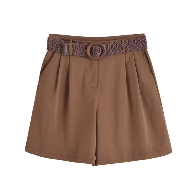 ETJ 2025 summer new TRAF women's casual holiday style fashion with belt loose version pleat five points casual shorts