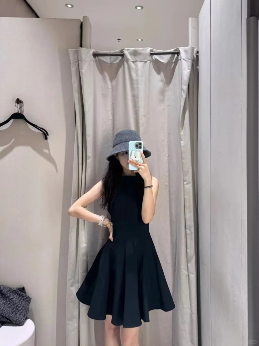 ETJ2024 Autumn/Winter New TRAF women's elegant sexy wide swing waist sleeveless boat neck short dress Little black dress 3067230
