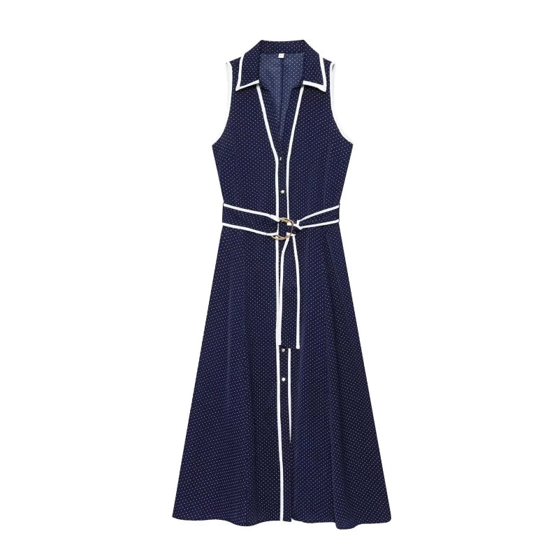 ETJ 2025 TRAF women's new dress fashion contrast color bag edge polka print lapel belt A-line version sleeveless dress