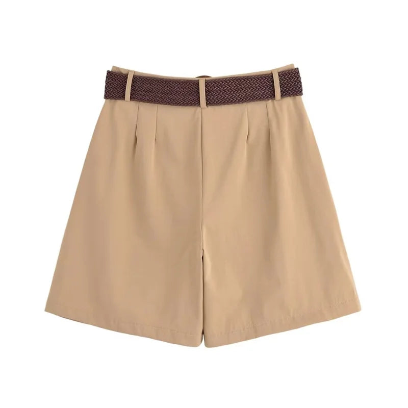 ETJ 2025 summer new TRAF women's casual holiday style fashion with belt loose version pleat five points casual shorts