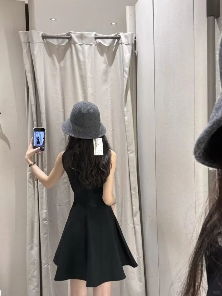 ETJ2024 Autumn/Winter New TRAF women's elegant sexy wide swing waist sleeveless boat neck short dress Little black dress 3067230