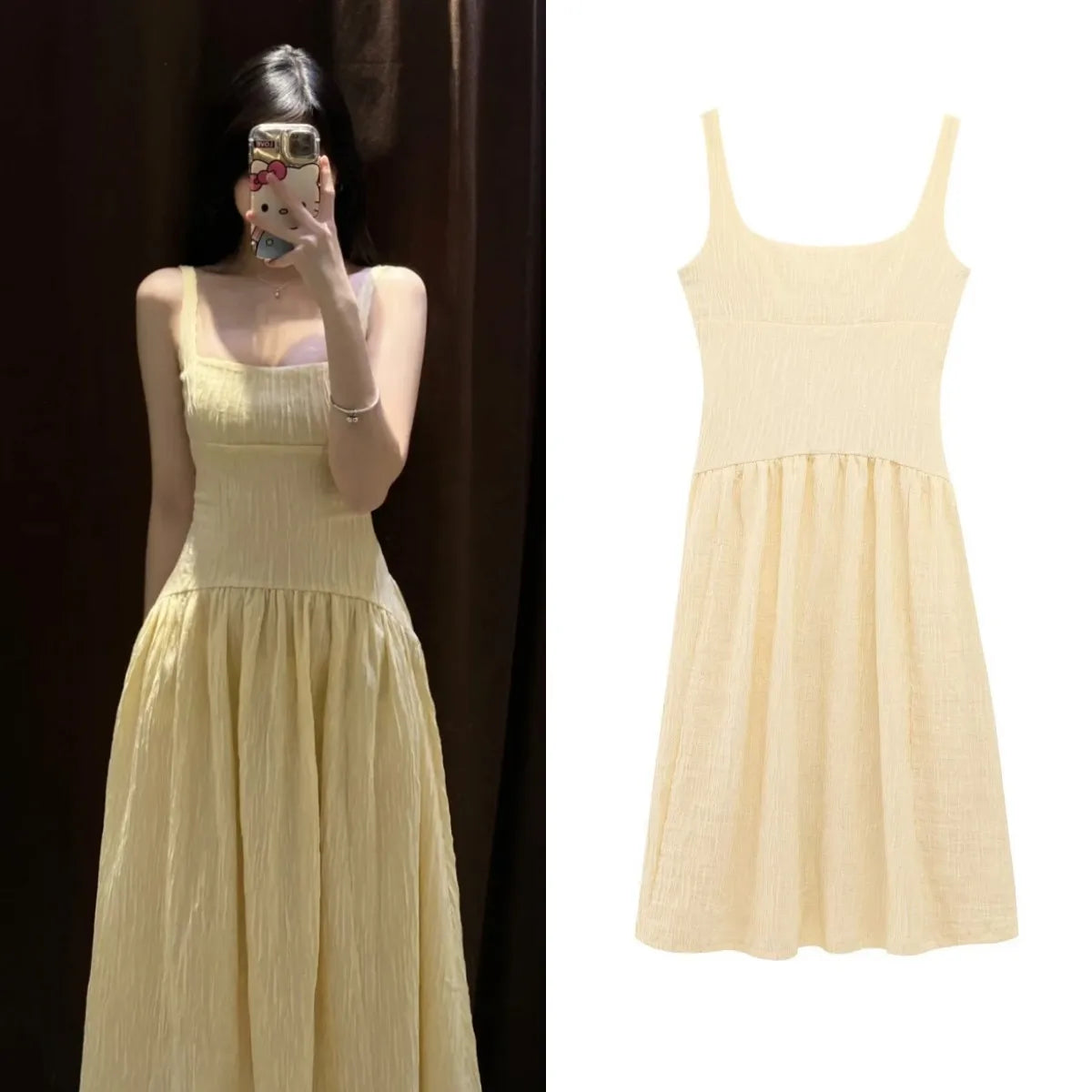 ETJ 2025 TRAF Summer New women's fashion pleated texture fabric sexy U-shaped backless sleeveless MIDI dress