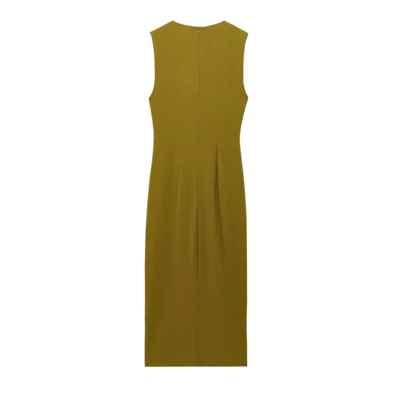 ETJ 2025 TRAF Women's New dress Fashion elegant pleated embellished round neck sleeveless slit MIDI dress