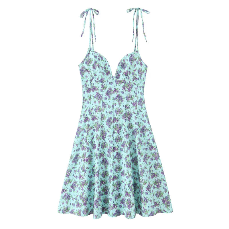ETJ 2025 Summer new TRAF women's fashion and sexy V-neck floral printed poplin French adjustable lace-up dress