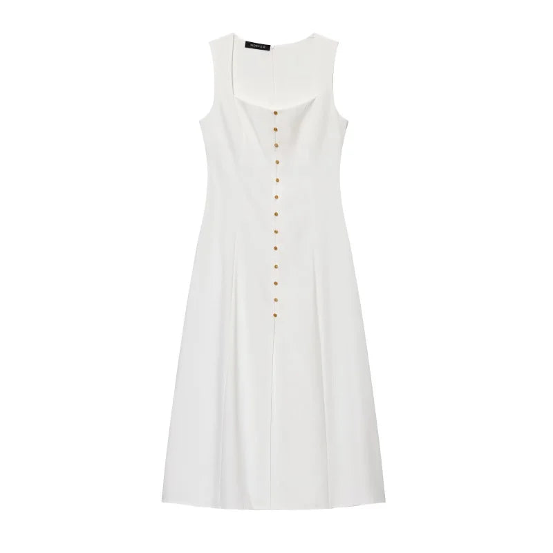 ETJ 2025 summer new TRAF women's fashion sleeveless square collar multi-button decorative temperament simple MIDI dress