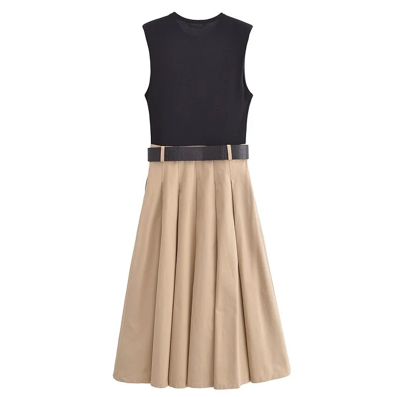 Belt Pleated Midi Dress