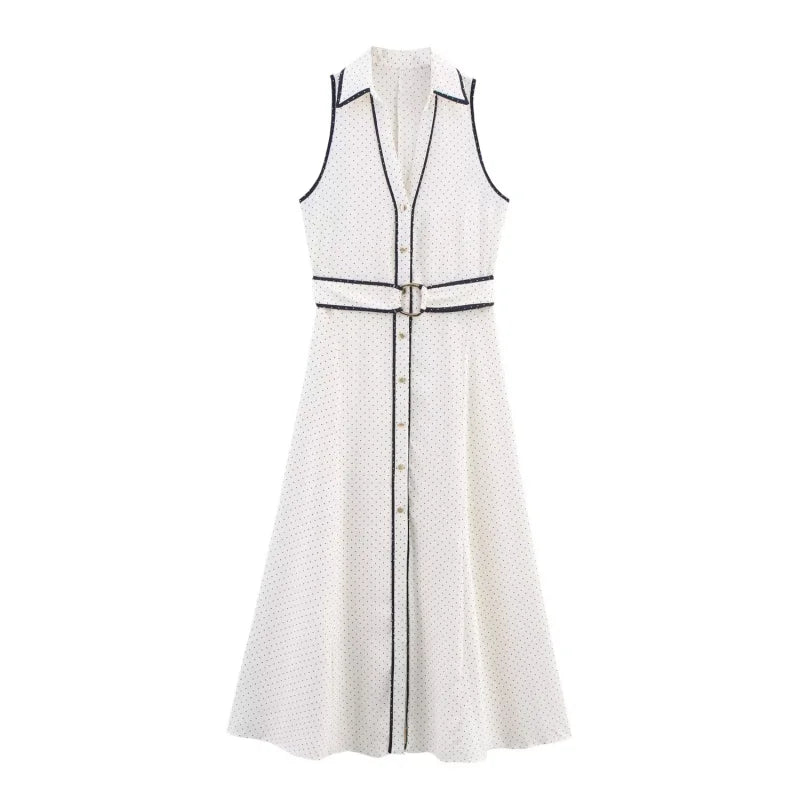 ETJ 2025 TRAF women's new dress fashion contrast color bag edge polka print lapel belt A-line version sleeveless dress