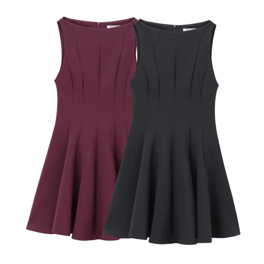 ETJ2024 Autumn/Winter New TRAF women's elegant sexy wide swing waist sleeveless boat neck short dress Little black dress 3067230