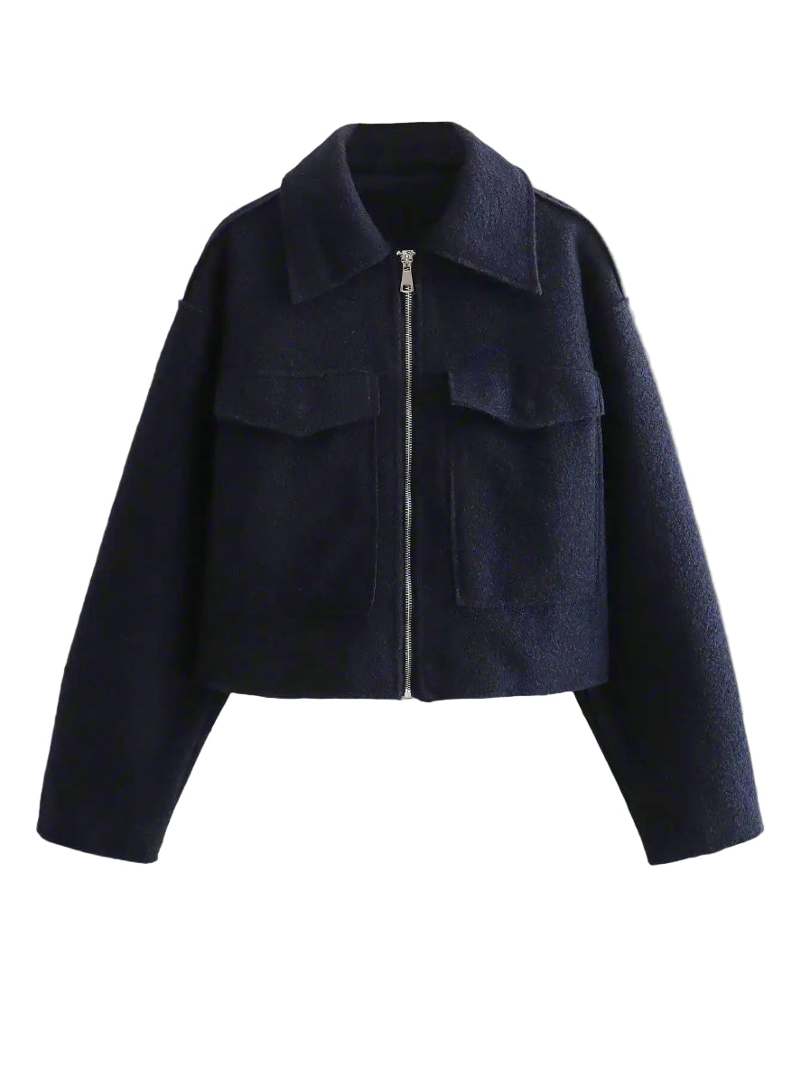 Navy blue jacket with a zipper on a white background