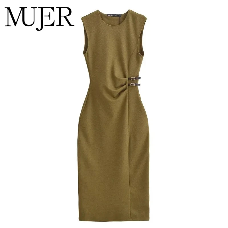 MUJER Pleated Midi Dresses for Women Sleeveless Long Dress Woman Spring Vintage Party Womens Dresses Buckle Office Women's Dress