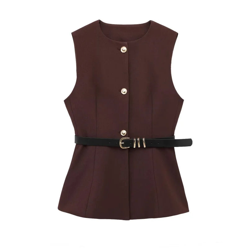 Long Belted Waistcoat Traf 2024 Fall/Winter New Arrival Fashionable Round Neck Sleeveless Vest Top for Women 9300525