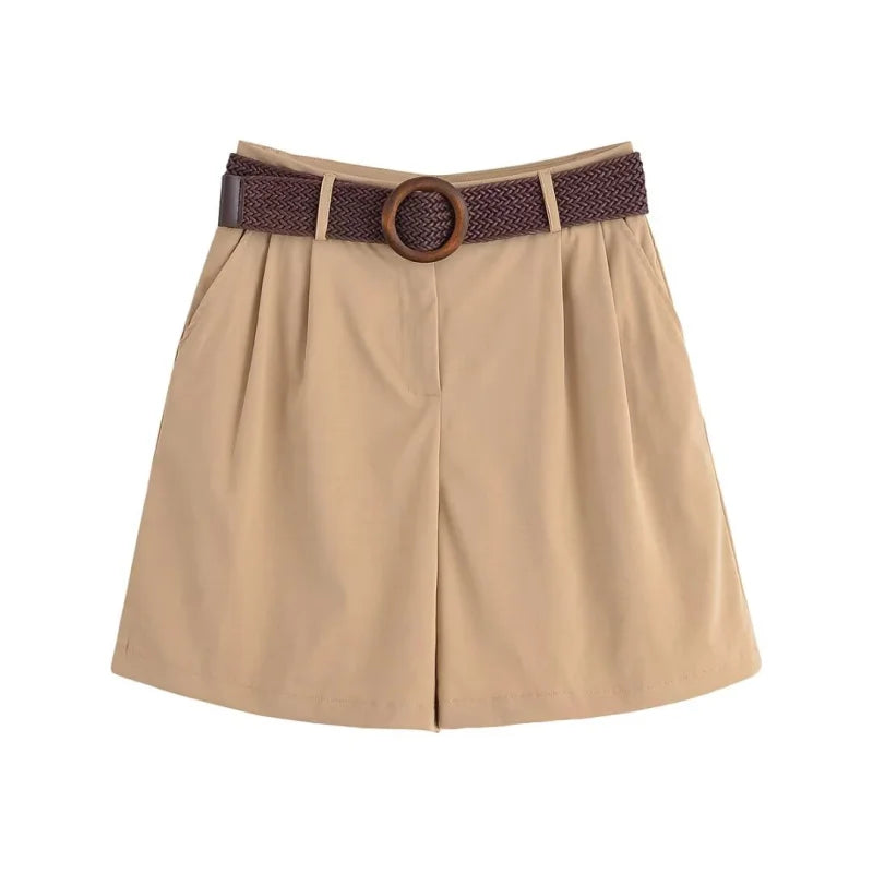 ETJ 2025 summer new TRAF women's casual holiday style fashion with belt loose version pleat five points casual shorts