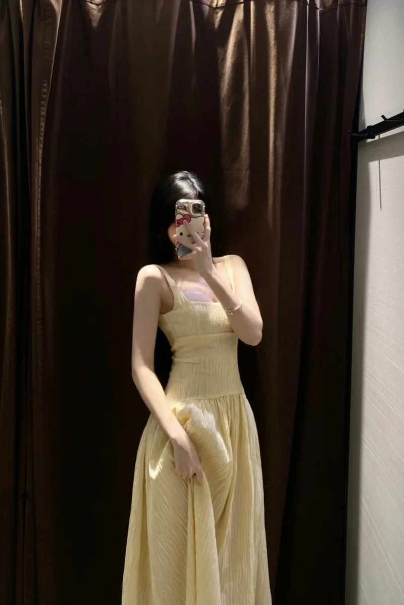 ETJ 2025 TRAF Summer New women's fashion pleated texture fabric sexy U-shaped backless sleeveless MIDI dress