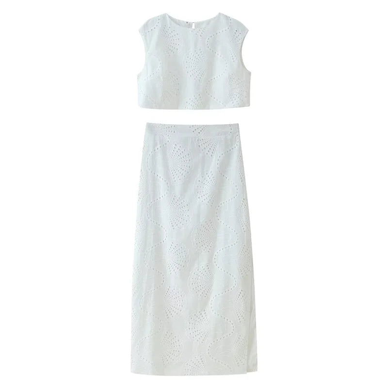 ETJ 2025 new  women's elegant and gentle hollow embroidery round neck jacket & high waist slit skirt fashion casual suit