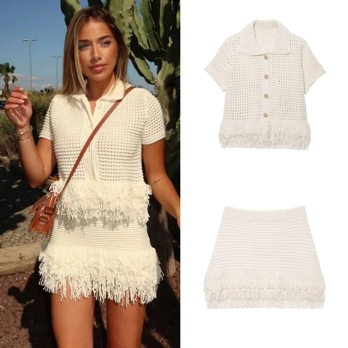 ETJ 2025 TRAF women's elegant fashion tassel embellished check hollow knit short sleeve blouse & short skirt multi-color options