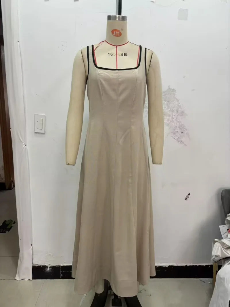 ETJ 2025 TRAF summer new contrast-color trim A-line version of elegant matching MIDI tank top dress