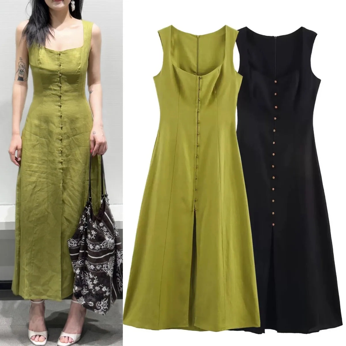 ETJ 2025 summer new TRAF women's fashion sleeveless square collar multi-button decorative temperament simple MIDI dress