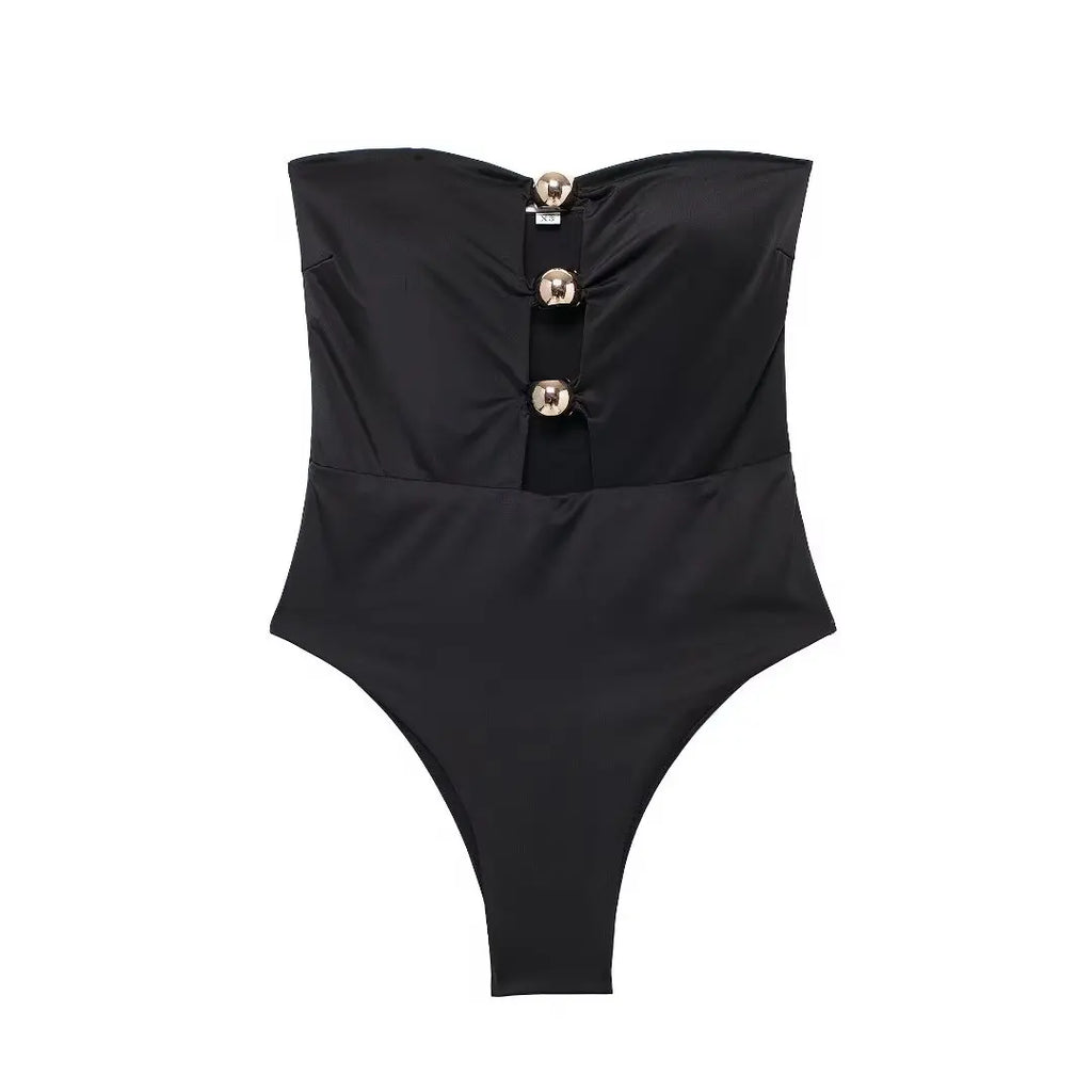 Elegant Strapless Swimsuit with Gold Button Detail