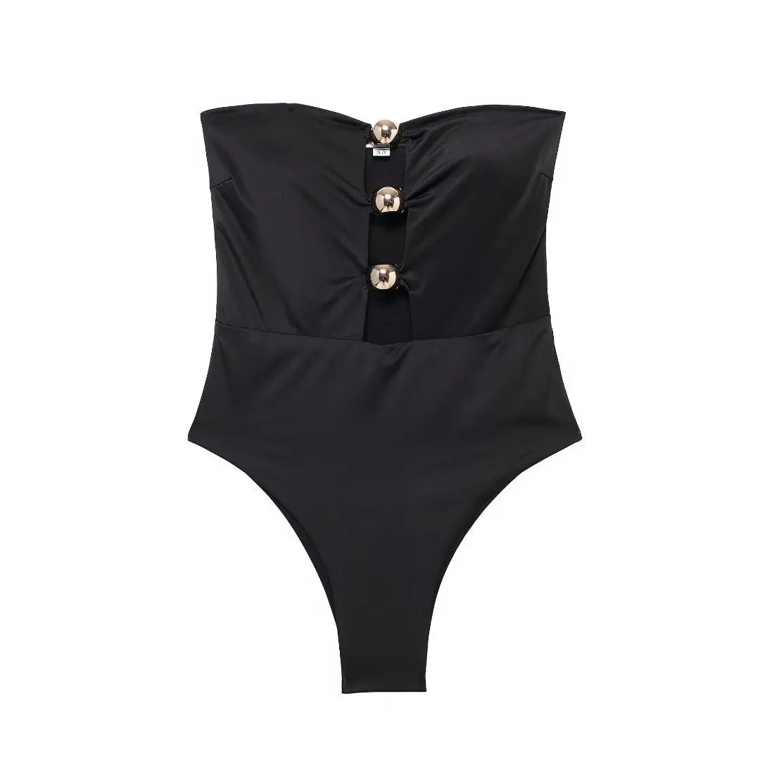 Elegant Strapless Swimsuit with Gold Button Detail