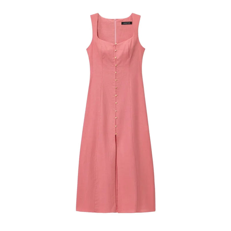 ETJ 2025 summer new TRAF women's fashion sleeveless square collar multi-button decorative temperament simple MIDI dress