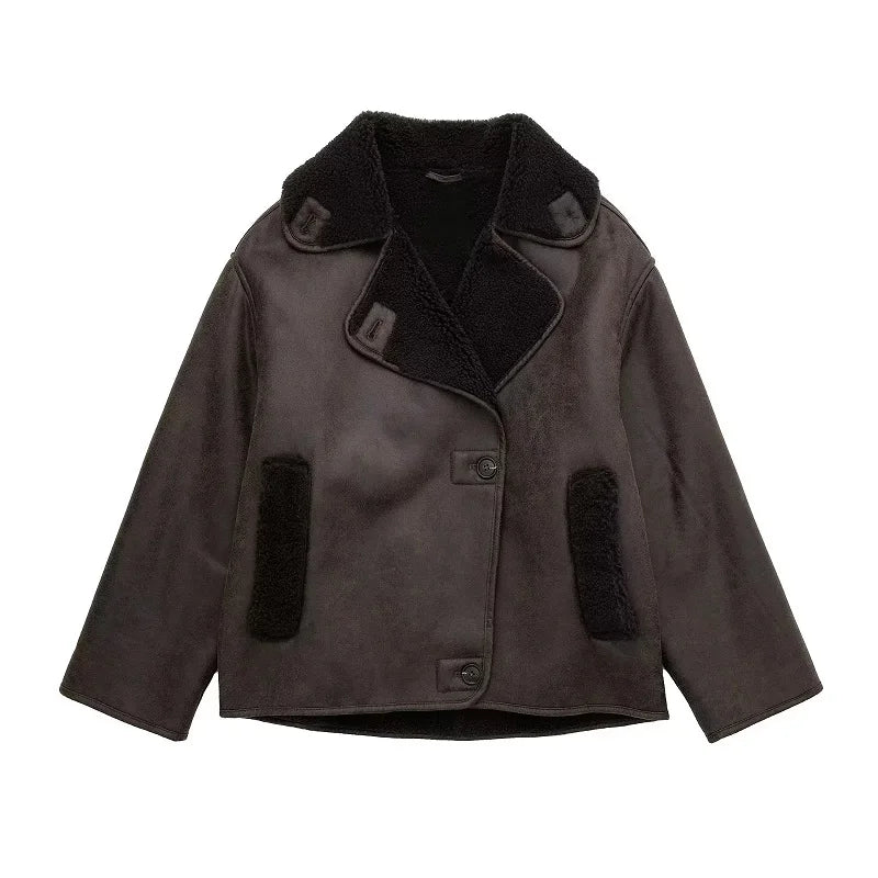 Dark Brown Shearling Button Jacket