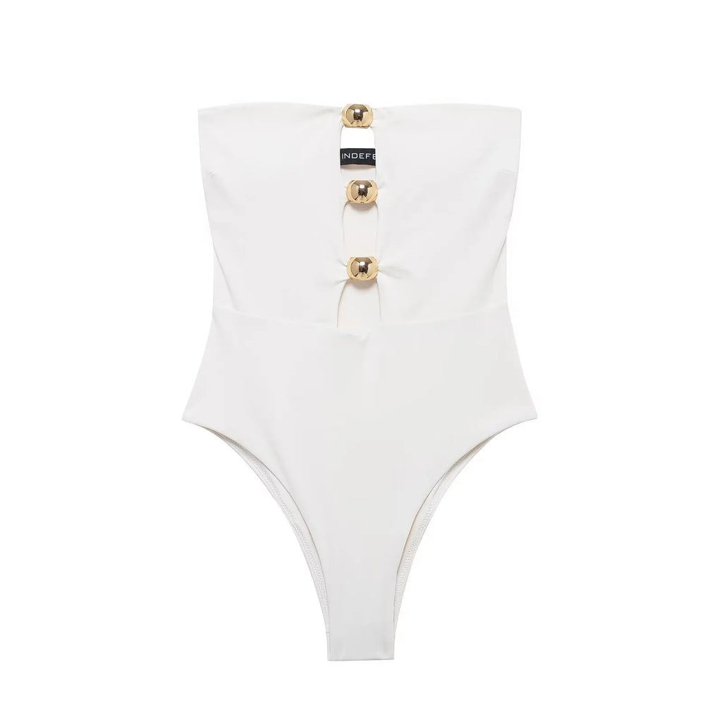 Elegant Strapless Swimsuit with Gold Button Detail