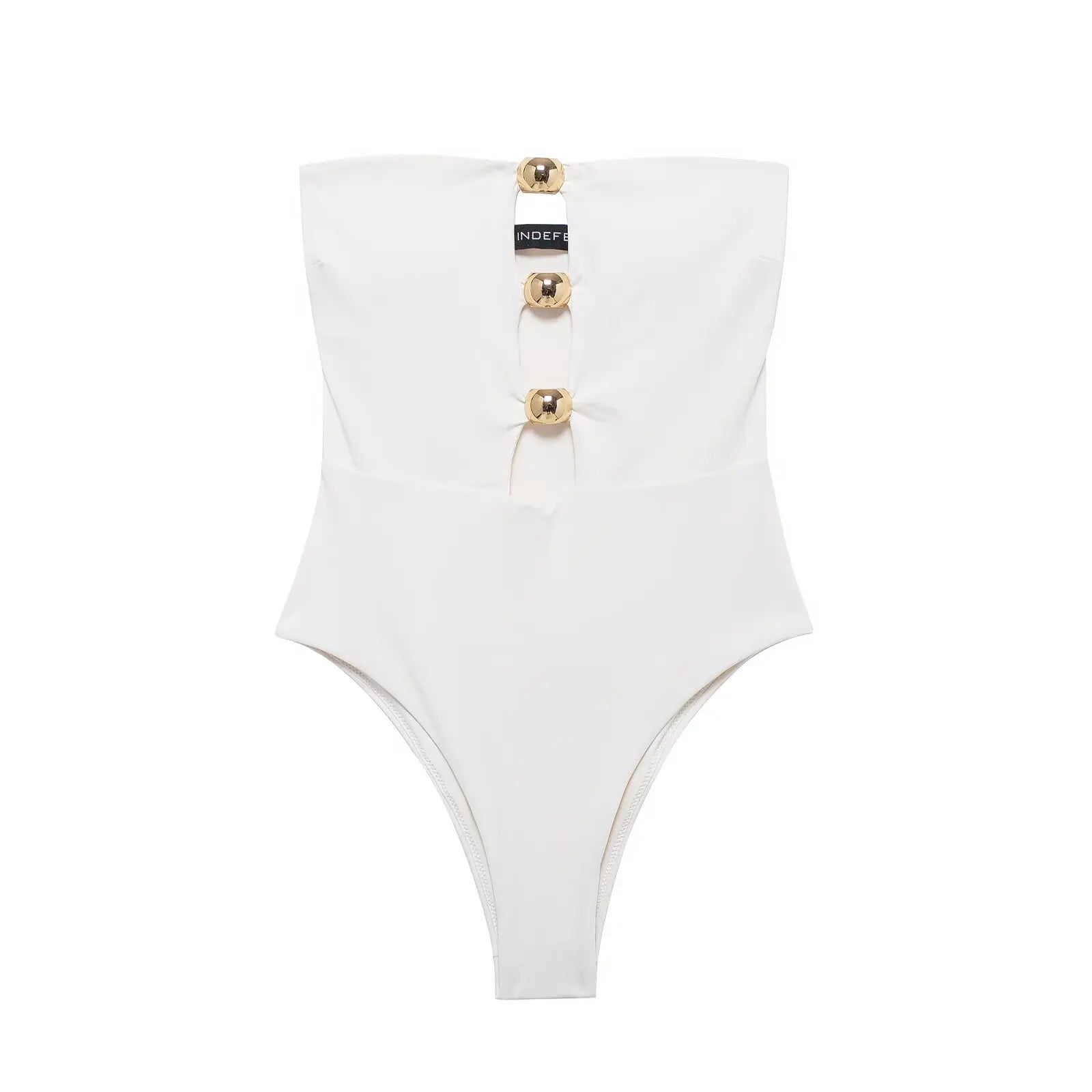 Elegant Strapless Swimsuit with Gold Button Detail